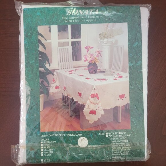 Sonata 54"x72" Embroidered Tablecloth With Applique White & Black Polyester - Picture 1 of 5